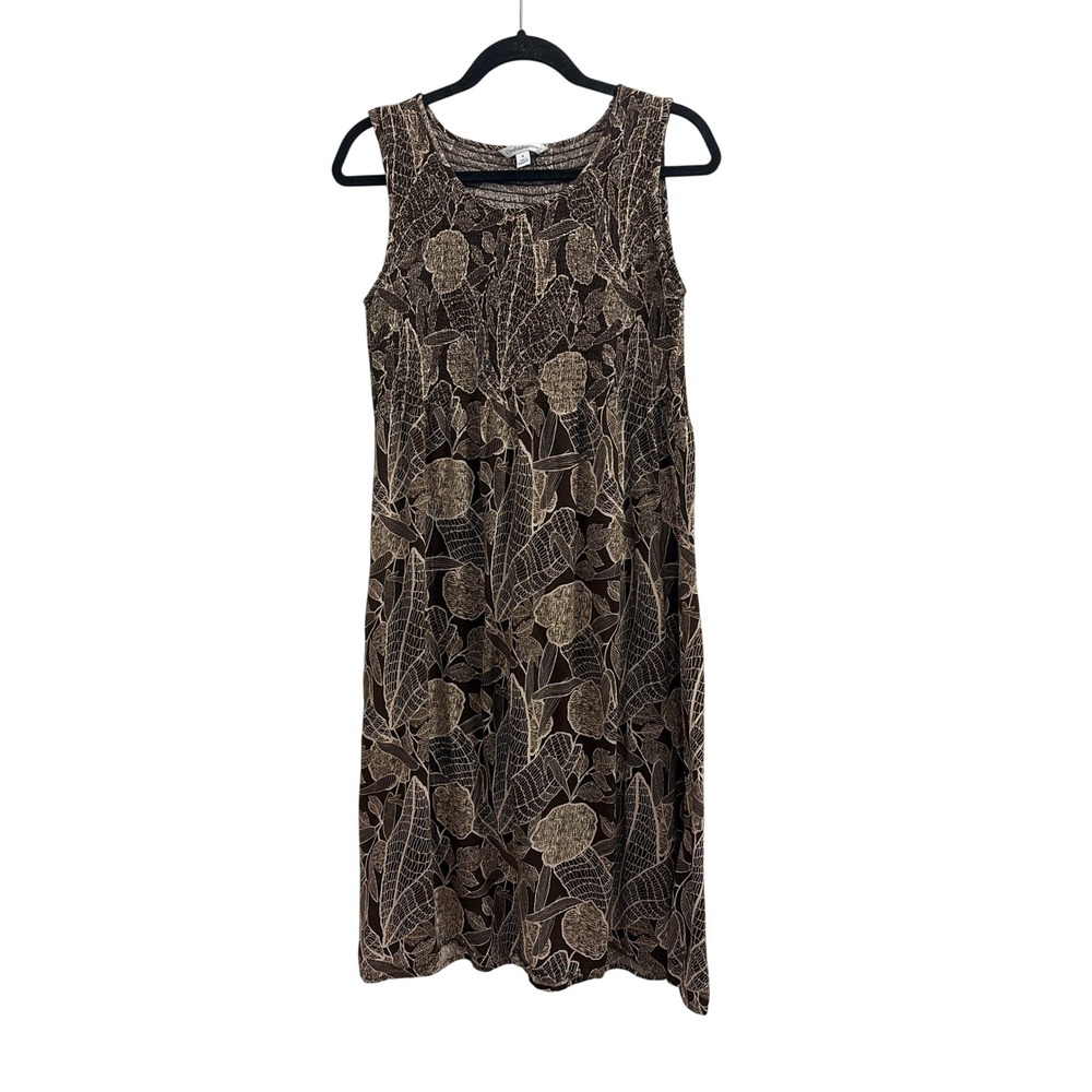 Midi Dress Crinkle Boho Croft & Barrow Womens Medium Brown Botanical Smocked